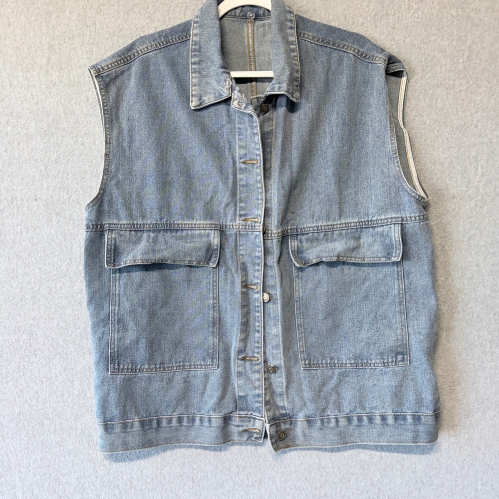 Boho Denim Vest Oversized Chore Sleeveless Trucker Utility Jacket Small